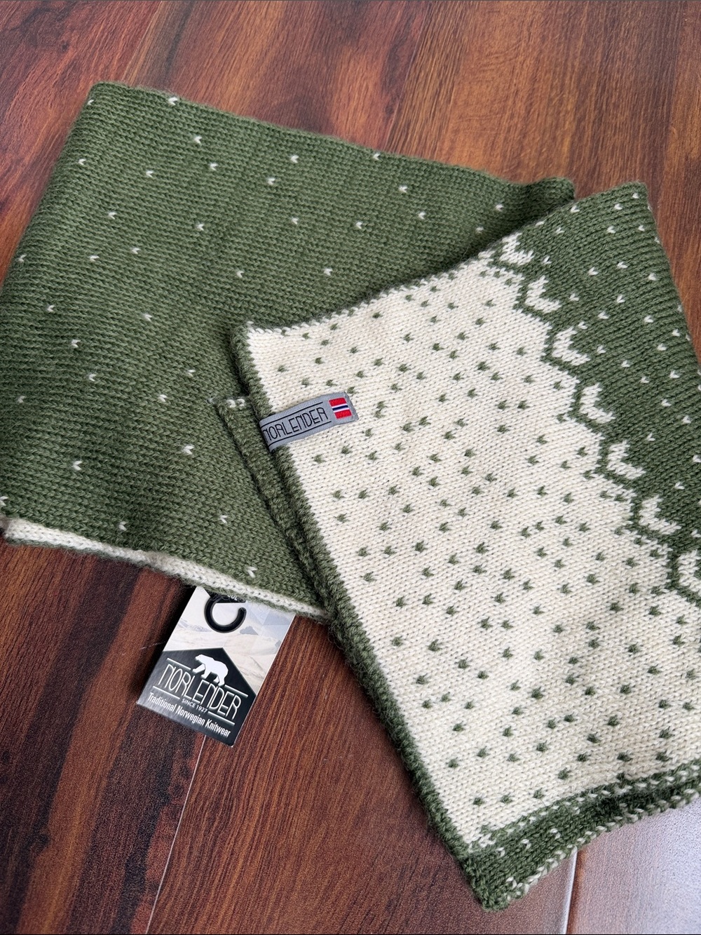 Norlender Pure New Wool Knit Scarf Norway Norwegian Green White New